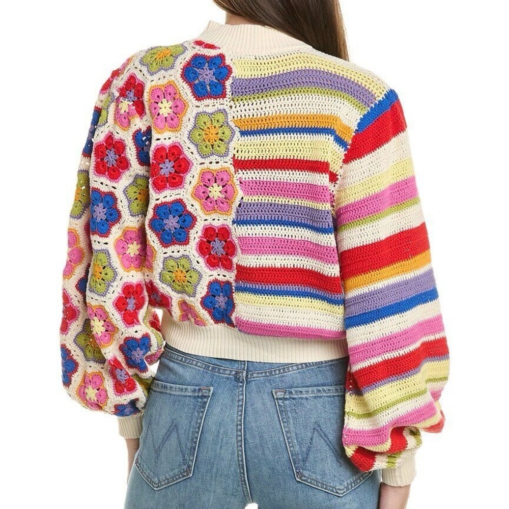 FARM Rio Rainbow Handmade Crochet Sweater Multicolor Mock Neck Women's Large NWT - Picture 6 of 16